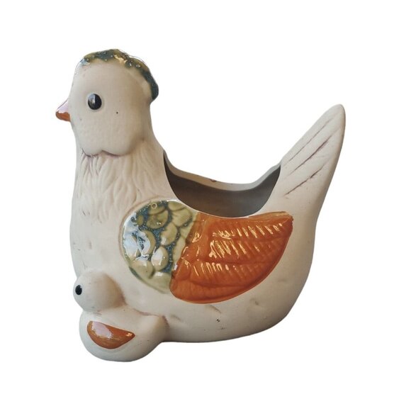 Vintage Pottery Chicken With Chick & Egg Planter 6" Partially Glazing Farmhouse - Picture 2 of 10